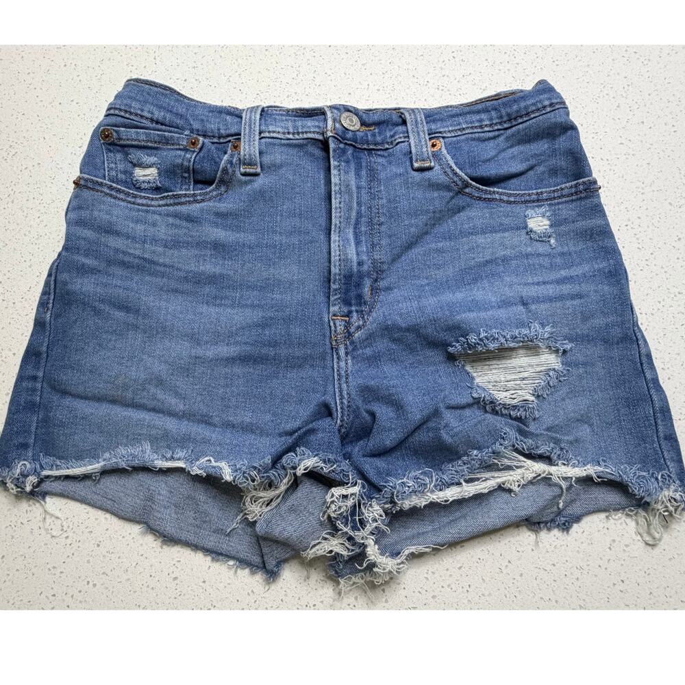 Levis Womens 27 High Rise Denim Blue Jean Distressed Cut Off Shorts Medium Wash
